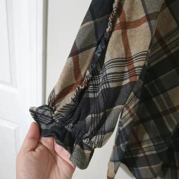 CHETTA B Bias Plaid 3/4 Sleeve Mini Knit Dress, Ruffle Details, Size M - Picture 6 of 15